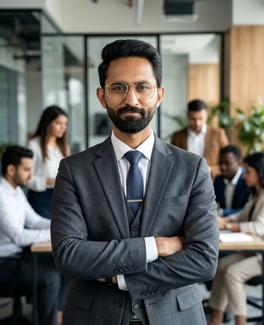 A professional standing in front of colleagues working together in an office