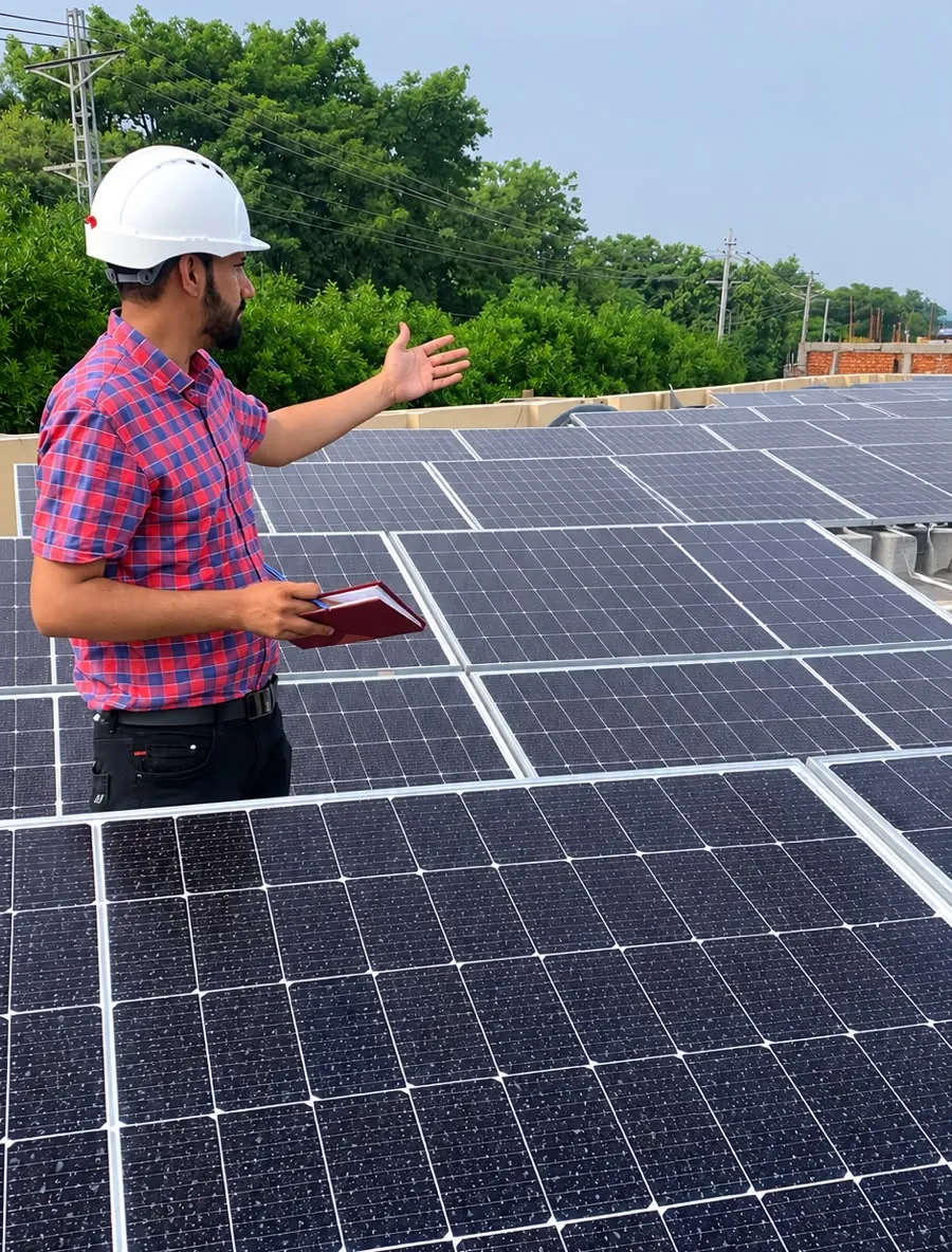 StenGrid engineer inspecting a commercial rooftop solar installation